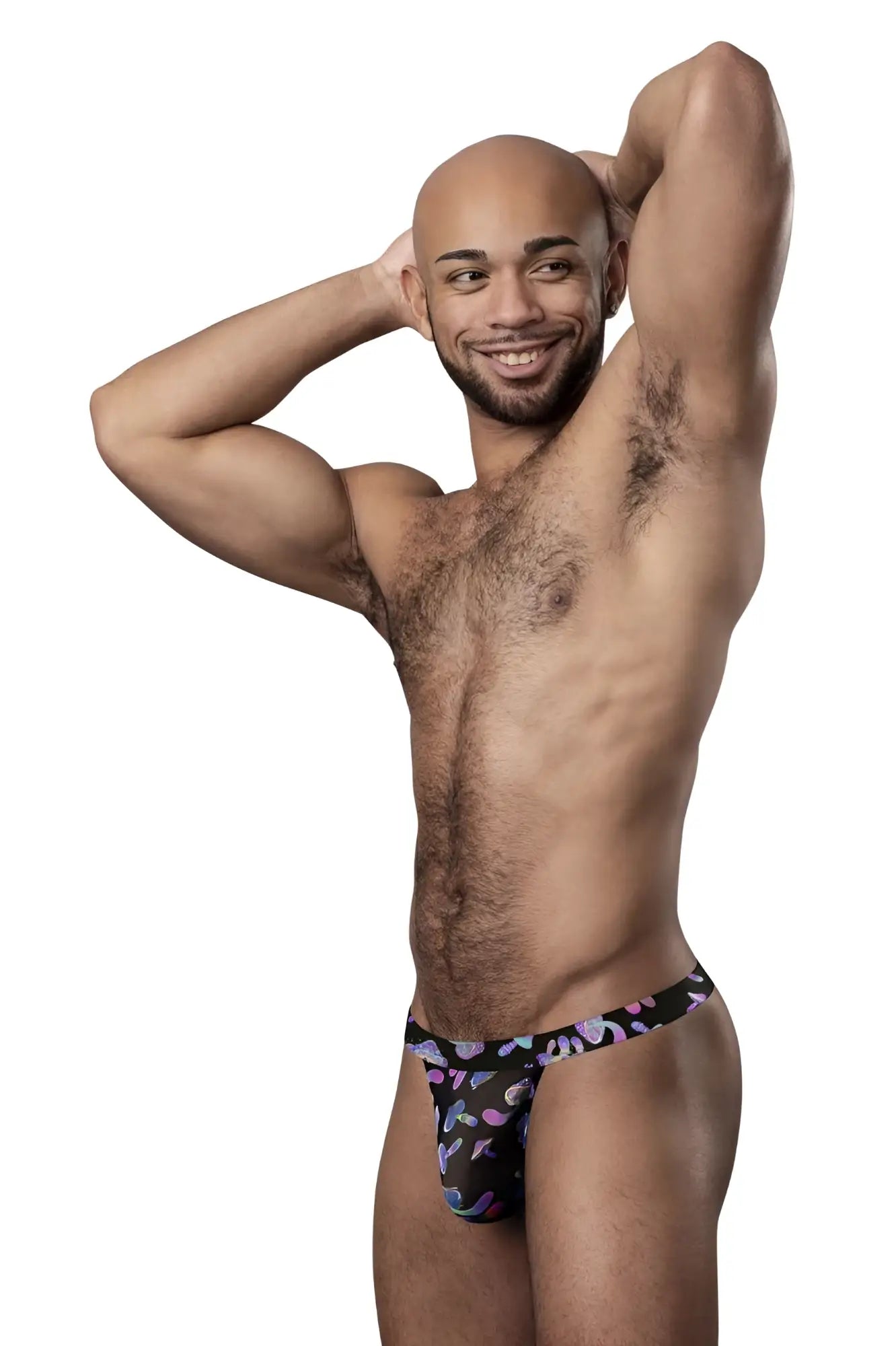 Male power 433-294 hazy dayz micro thong black briefs with vibrant purple pink and blue floral pattern
