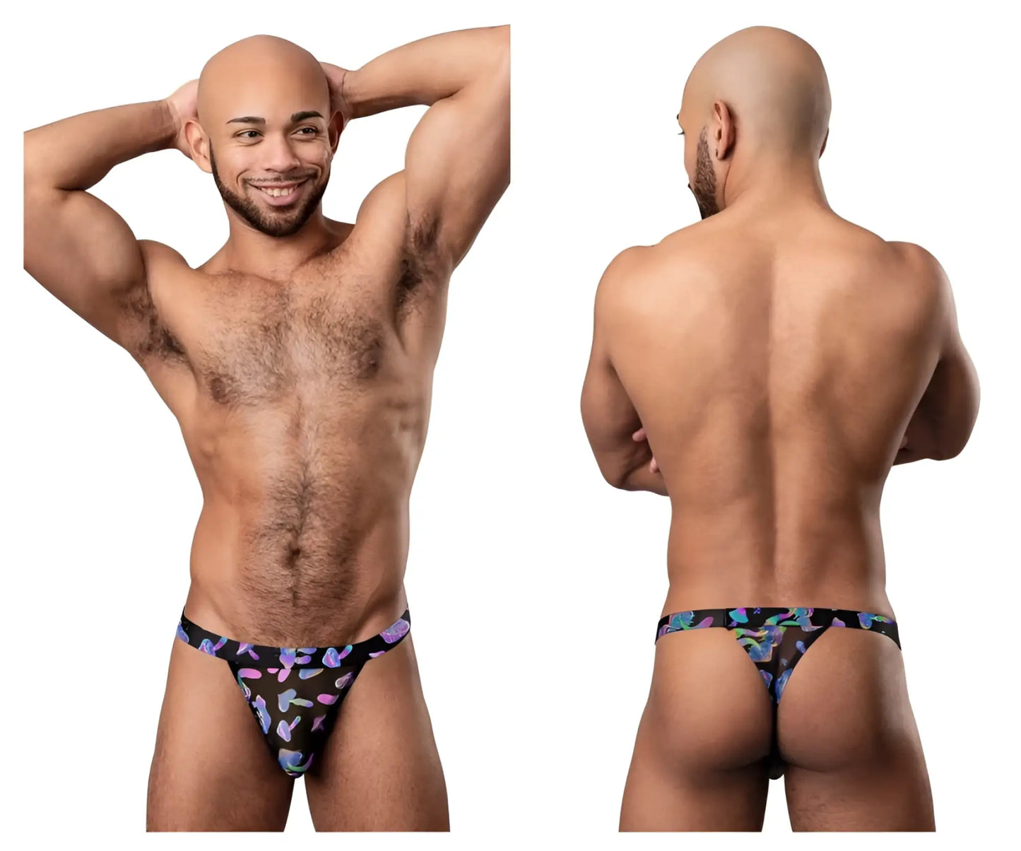 Male power 433-294 hazy dayz micro thong in black with vibrant purple blue and pink butterfly patterns