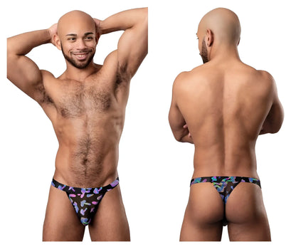 Male power 433-294 hazy dayz micro thong in black with vibrant purple blue and pink butterfly patterns