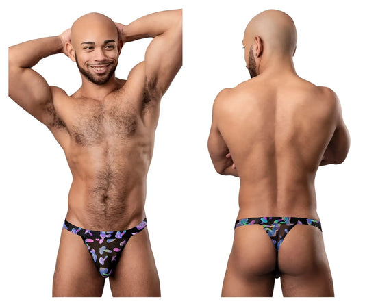 Male power 433-294 hazy dayz micro thong in black with vibrant purple blue and pink butterfly patterns