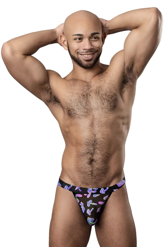 Male power 433-294 hazy dayz micro thong in black with vibrant purple and pink abstract mushroom pattern