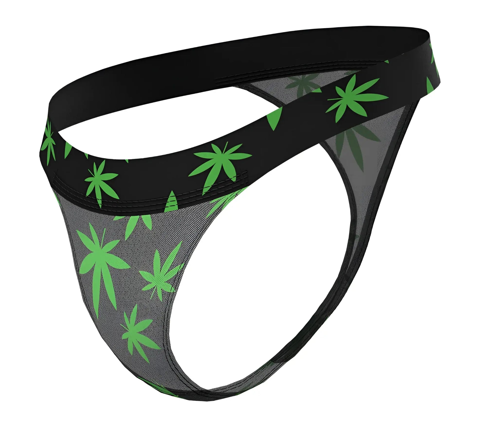 Male Power 433-294 Hazy Dayz micro thong in black and gray mesh with bold green cannabis leaf pattern front view
