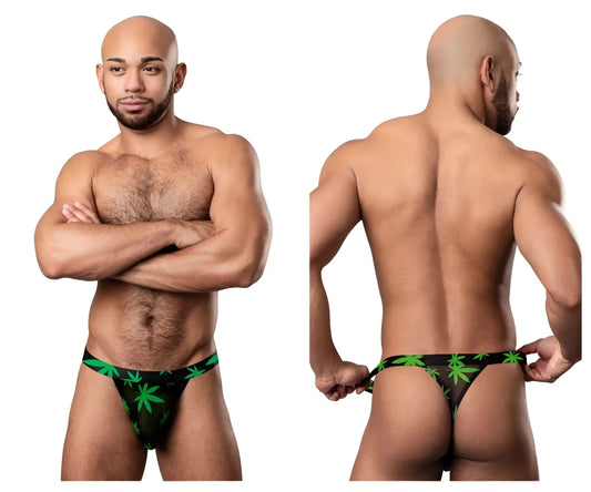 Black male power 433-294 hazy dayz micro thong with green pot leaf pattern showing back side of the product