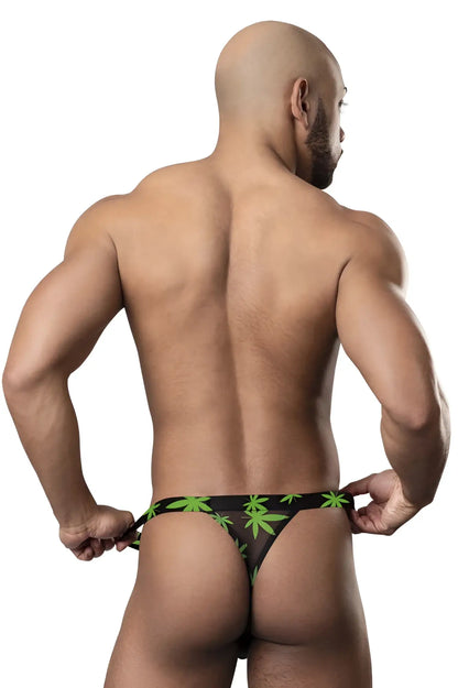 Black Male Power 433-294 hazy dayz micro thong with green pot leaf pattern showing front side design