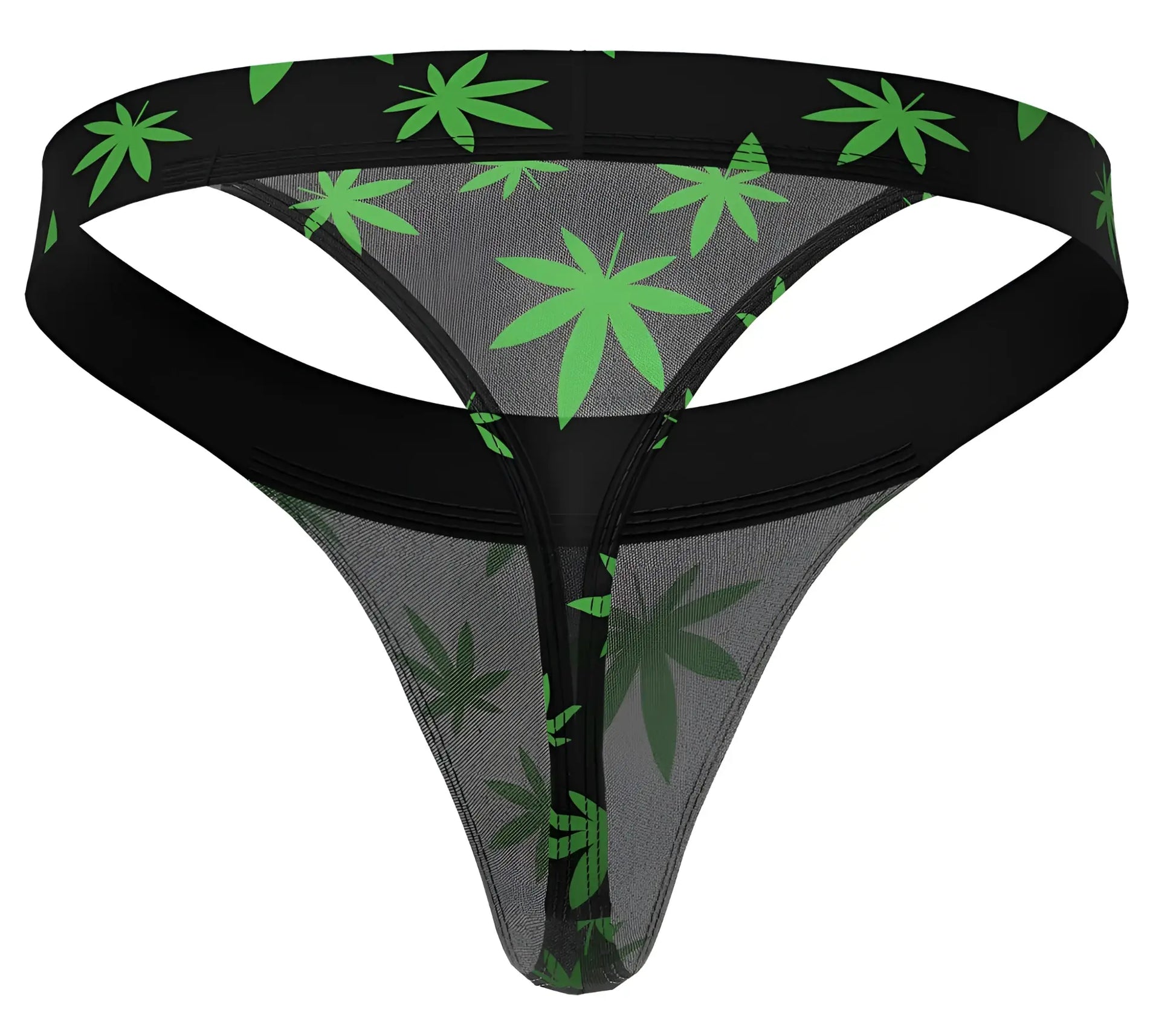 Male power 433-294 hazy dayz micro thong in black and green marijuana leaf patterned mesh fabric shown from back