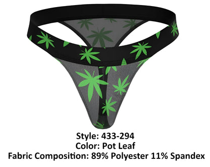 Male power 433-294 hazy dayz micro thong with black back sheer gray mesh and vibrant green pot leaf pattern