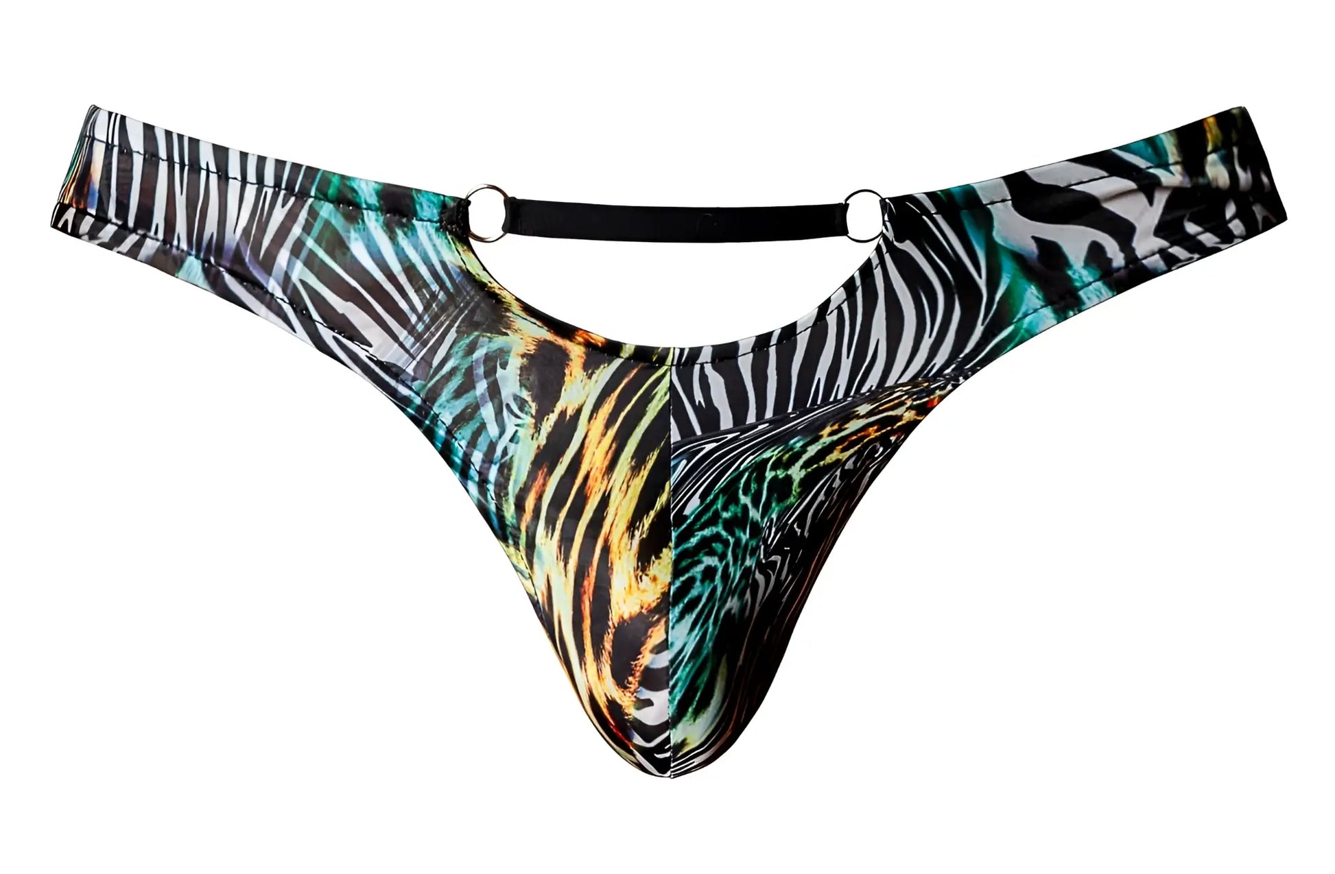 Male power 439-295 go wild thong with 2 rings featuring teal black gold and white animal prints on stretchy fabric
