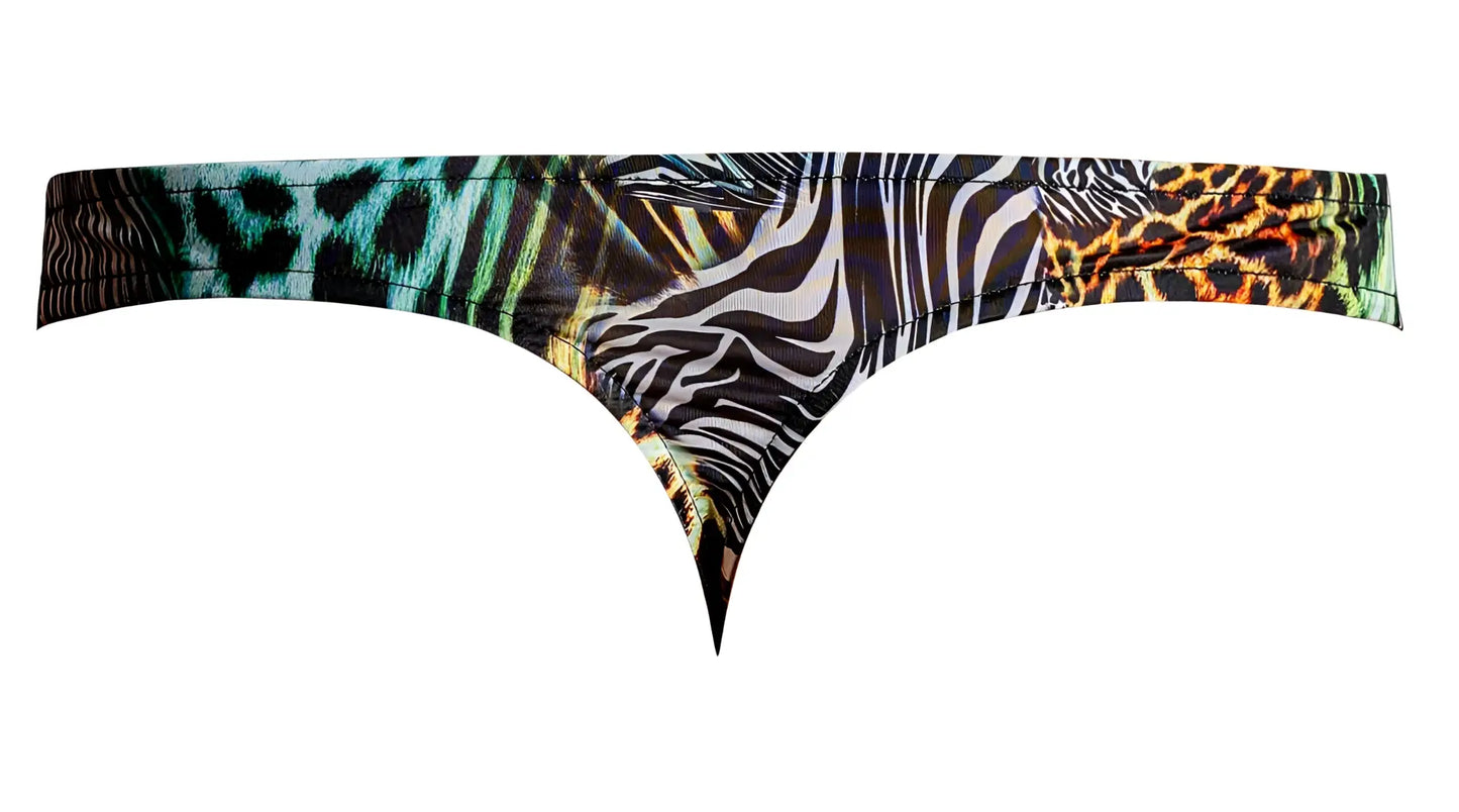 Male power 439-295 go wild thong with 2 rings multicolor animal print featuring vibrant zebra and leopard patterns