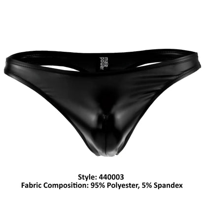 Black glossy men’s thong with sleek form-fitting design and male power branding on waistband male power 440003 liquid onyx