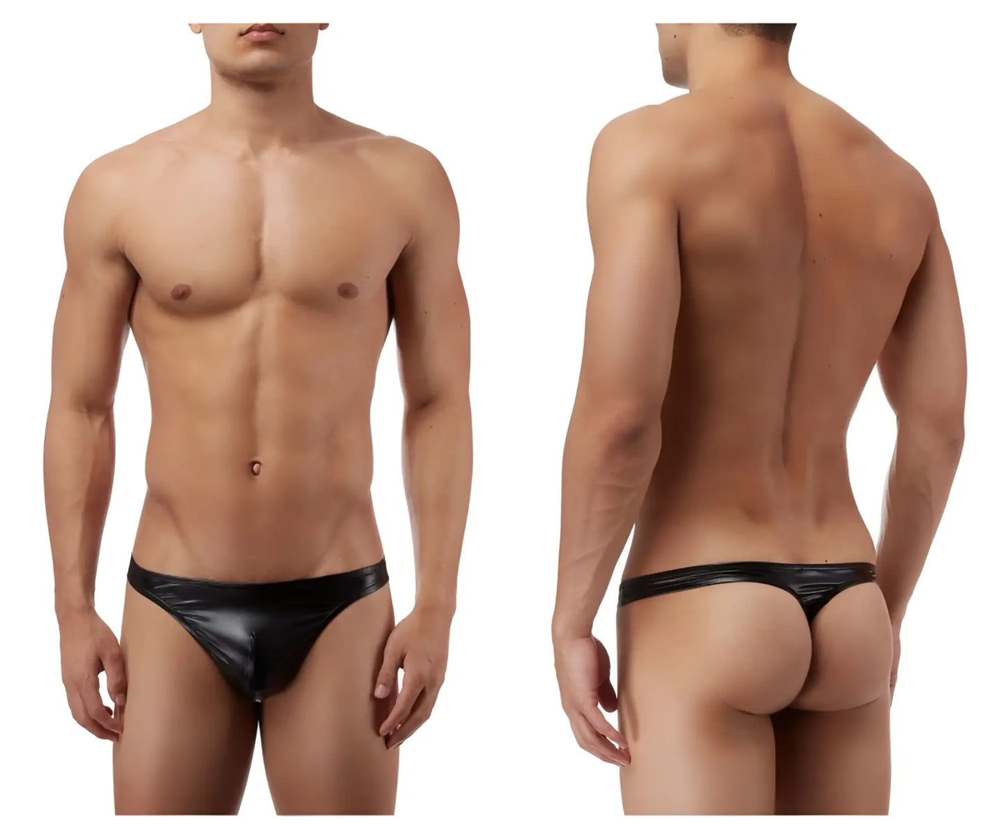 Male power 440003 liquid onyx classic thong in black patent leather with a sleek glossy finish