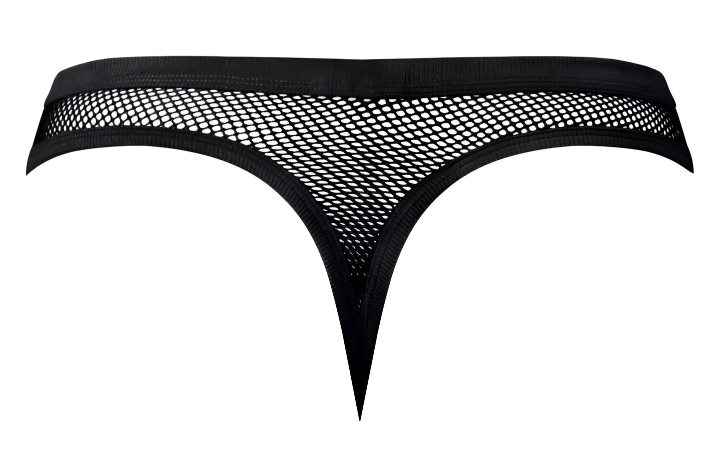 Male power 441-11c fishnet black mesh thong with solid elastic waistband and pointed leg openings front view