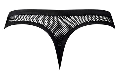 Male power 441-11c fishnet black mesh thong with solid elastic waistband and pointed leg openings front view