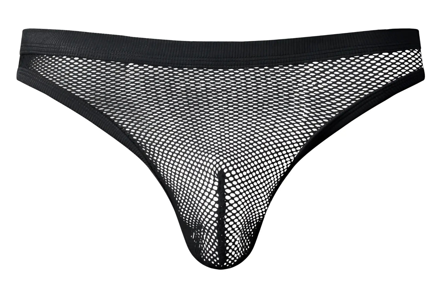 Black mesh male power 441-11c fishnet thong with solid black waistband and leg openings front view