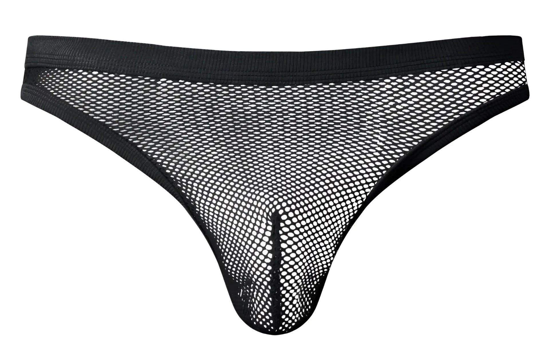 Black mesh male power 441-11c fishnet thong with solid black waistband and leg openings front view