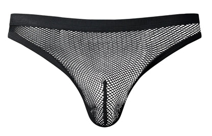 Black mesh male power 441-11c fishnet thong with solid black waistband and leg openings front view