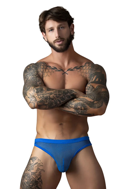 Male power 441-11c fishnet blue mesh briefs with thong design in royal color showing front view