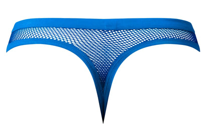 Bright blue male power 441-11c fishnet thong with solid fabric waistband and leg openings front view
