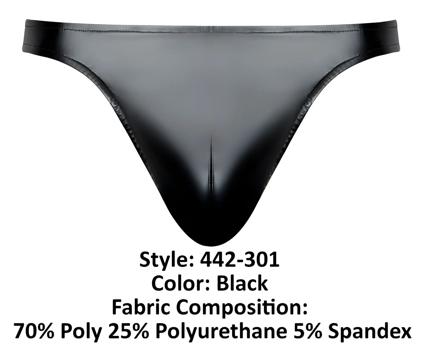 Male Power 442-301 Liquid Onyx 2.0 black thong in glossy polyester and polyurethane blend shown from the back side