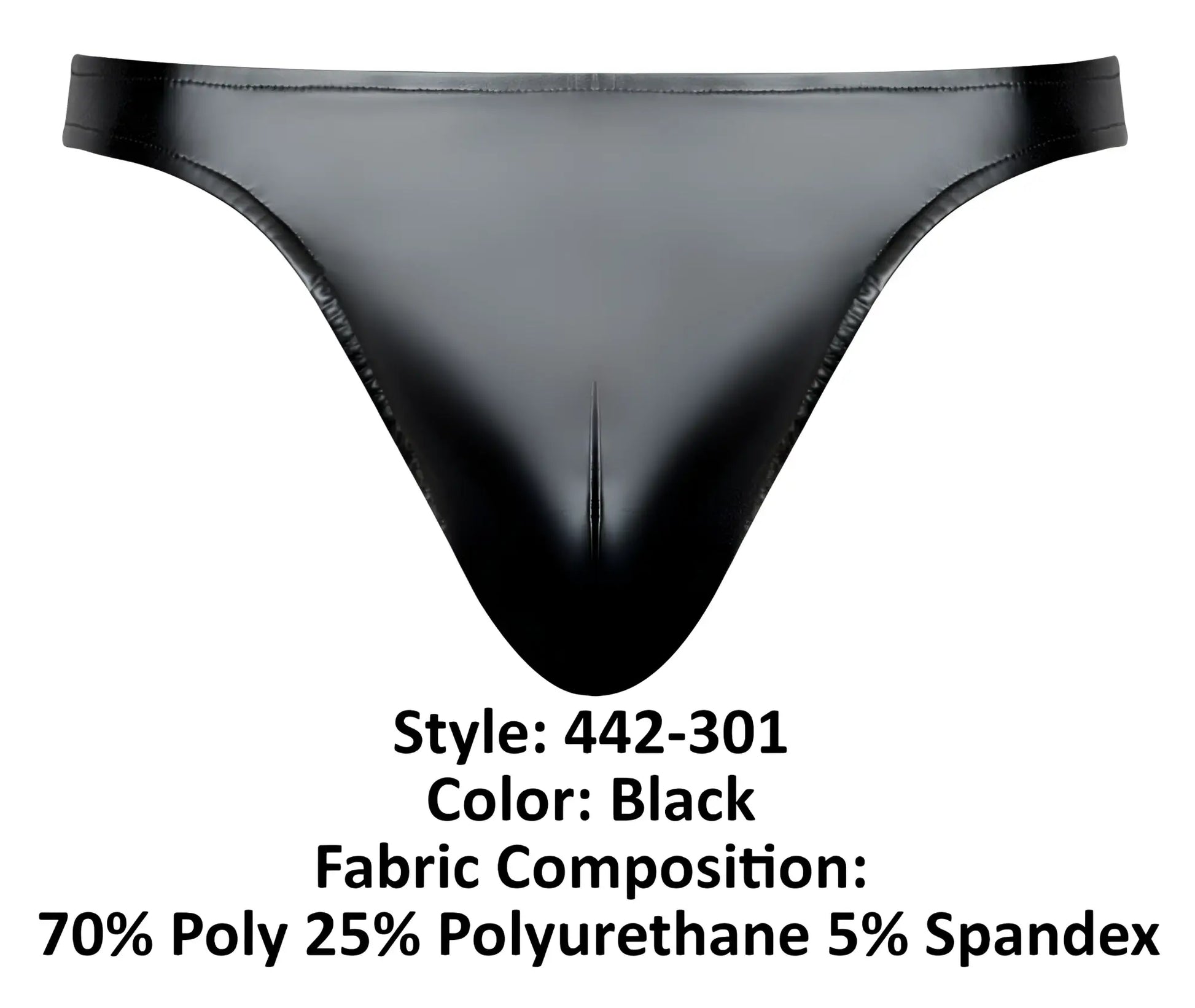 Male Power 442-301 Liquid Onyx 2.0 black thong in glossy polyester and polyurethane blend shown from the back side