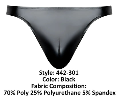 Male Power 442-301 Liquid Onyx 2.0 black thong in glossy polyester and polyurethane blend shown from the back side
