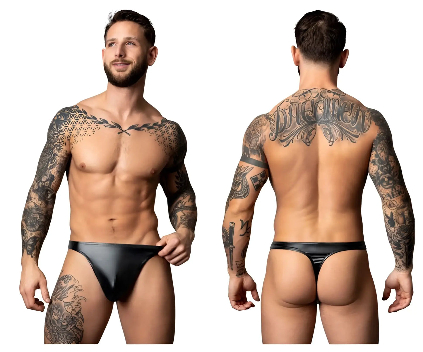 Black latex thong from male power 442-301 liquid onyx 2.0 bong thong showing the back side