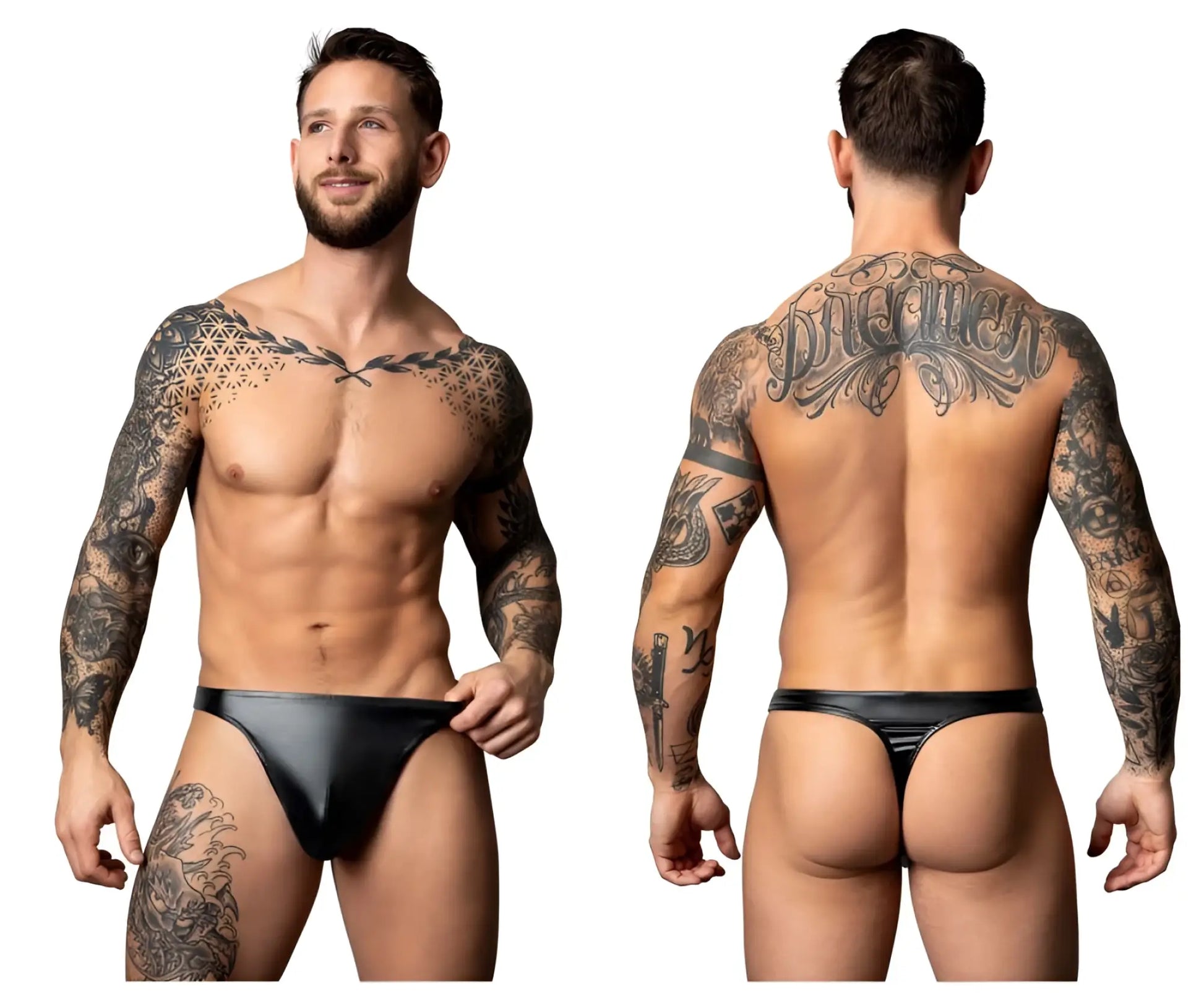 Black latex thong from male power 442-301 liquid onyx 2.0 bong thong showing the back side