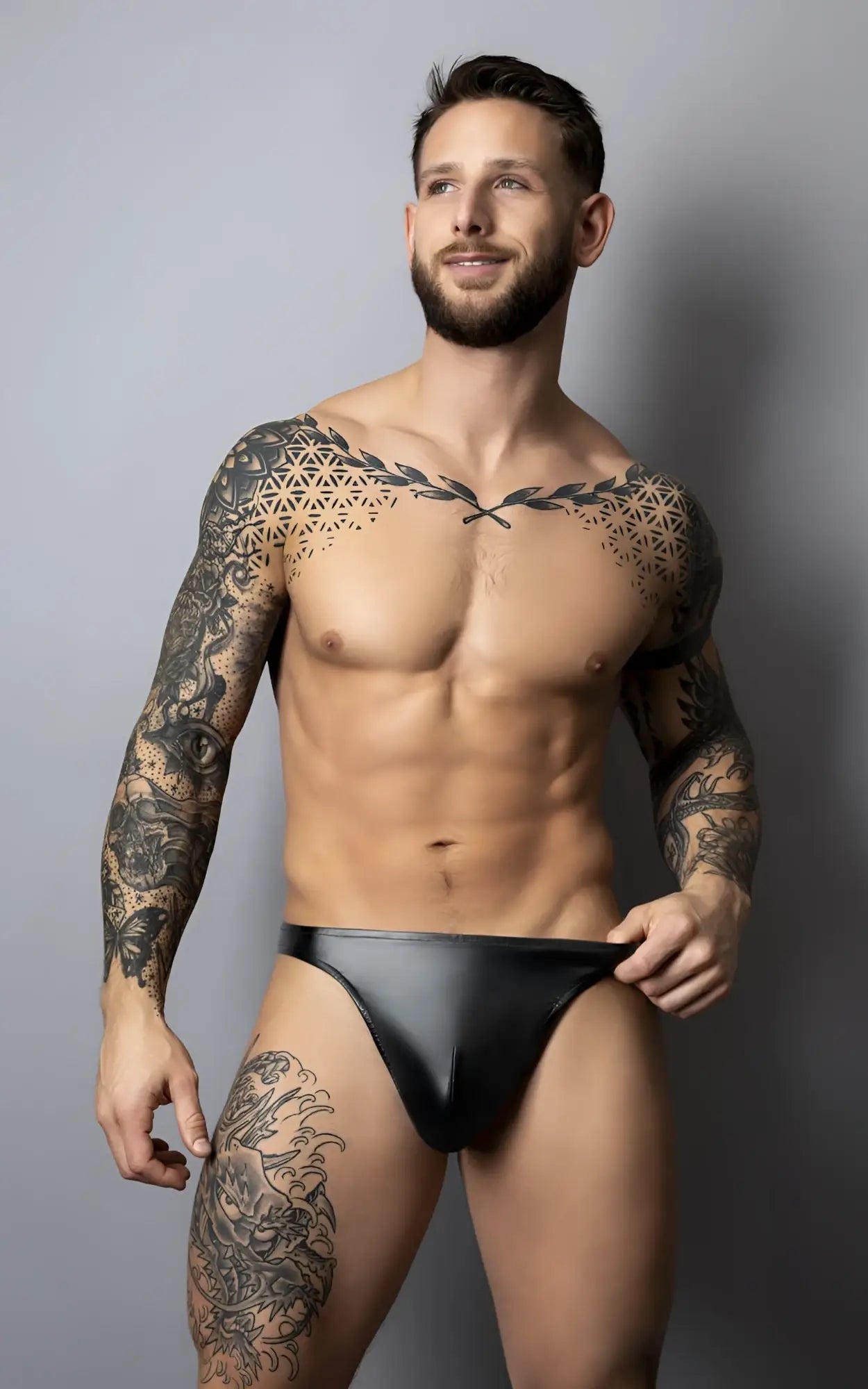 Black leather male power 442-301 liquid onyx 2.0 bong thong briefs showing the back side