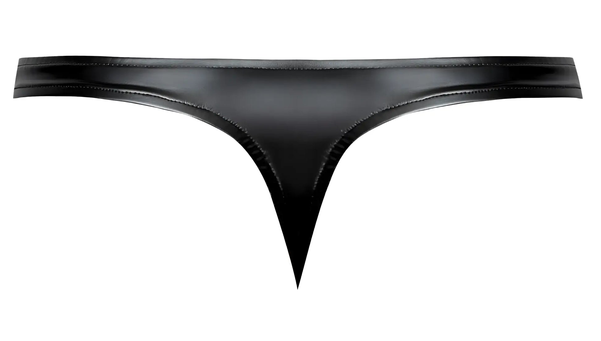 Male power 442-301 liquid onyx 2.0 black thong in glossy patent leather with precise edge stitching shown from the back
