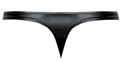 Male power 442-301 liquid onyx 2.0 black thong in glossy patent leather with precise edge stitching shown from the back