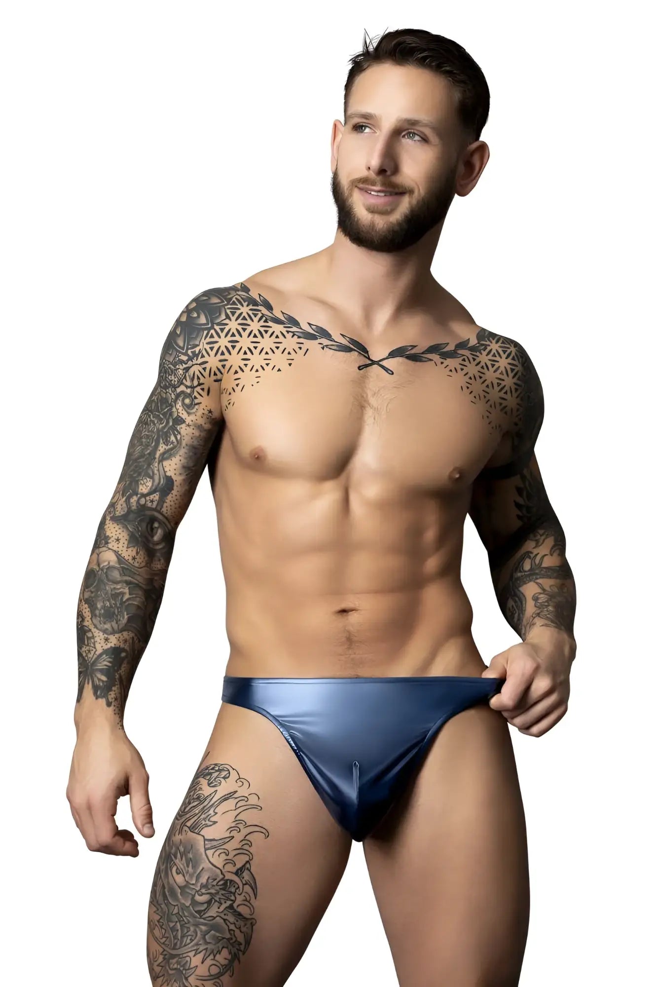 Male power 442-301 liquid onyx 2.0 bong thong in blue metallic briefs showcasing a sleek front design