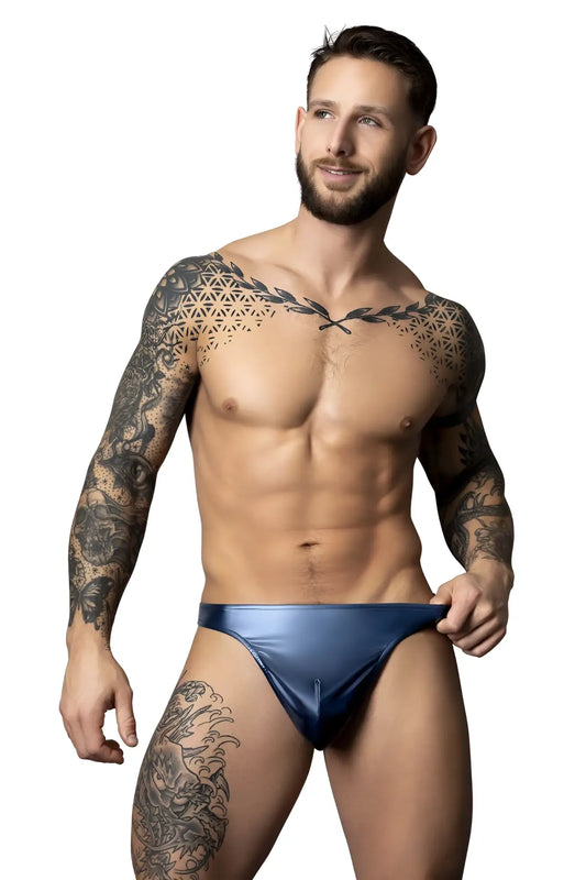 Male power 442-301 liquid onyx 2.0 bong thong in blue metallic briefs showcasing a sleek front design