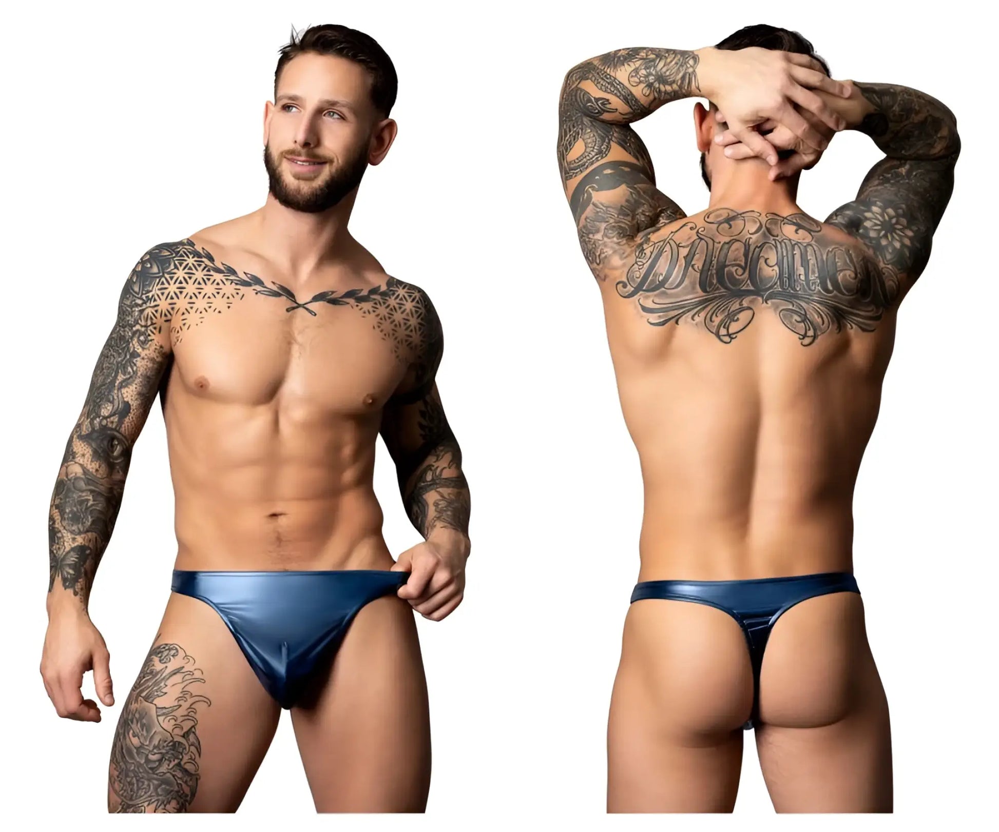 Male power 442-301 liquid onyx 2.0 blue shiny material briefs showcasing sleek bong thong design