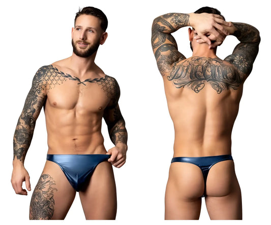 Male power 442-301 liquid onyx 2.0 blue shiny material briefs showcasing sleek bong thong design