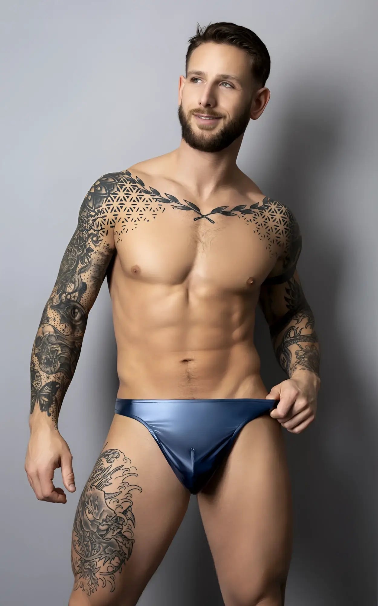 Shiny navy blue satin male power 442-301 liquid onyx 2.0 bong thong briefs shown from the back side