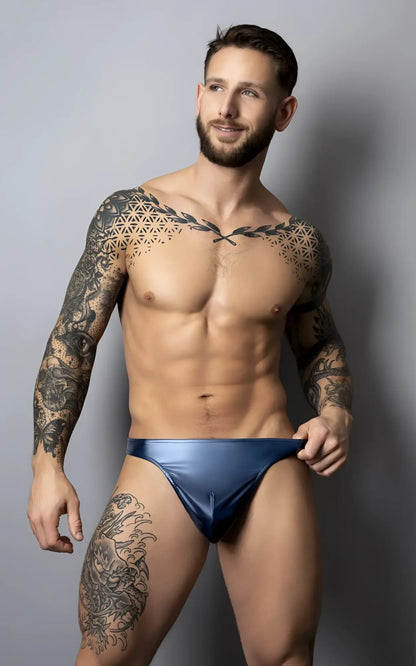 Shiny navy blue satin male power 442-301 liquid onyx 2.0 bong thong briefs shown from the back side