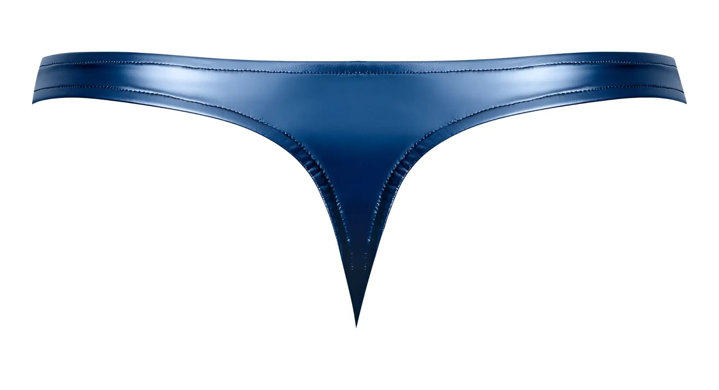 A sleek deep blue patent leather male power 442-301 liquid onyx 2.0 bong thong with precise stitching