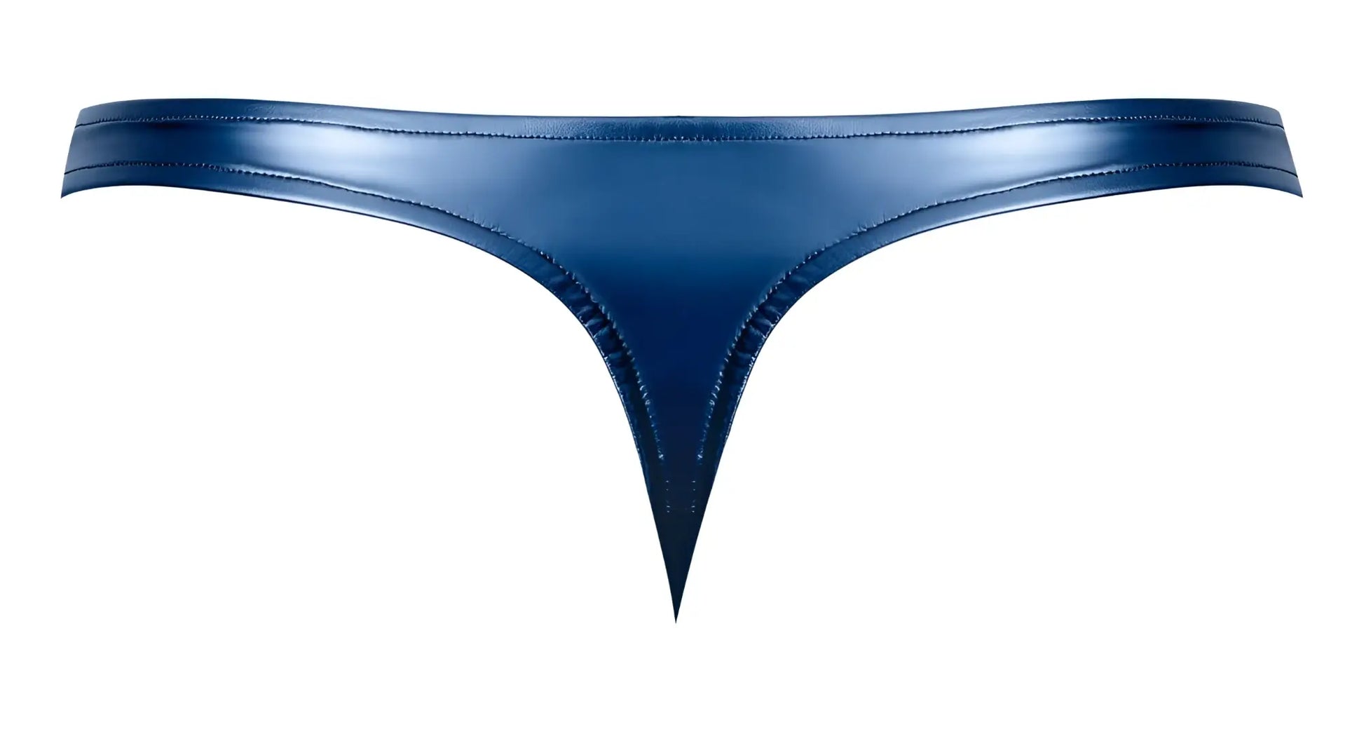A sleek deep blue patent leather male power 442-301 liquid onyx 2.0 bong thong with precise stitching