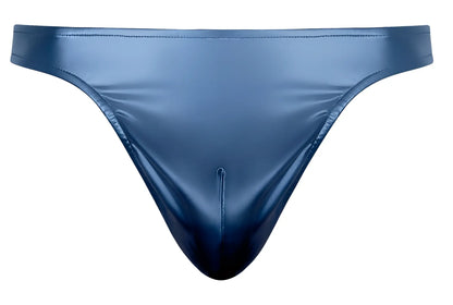 A sleek glossy navy blue male power 442-301 liquid onyx 2.0 thong made of shiny synthetic material