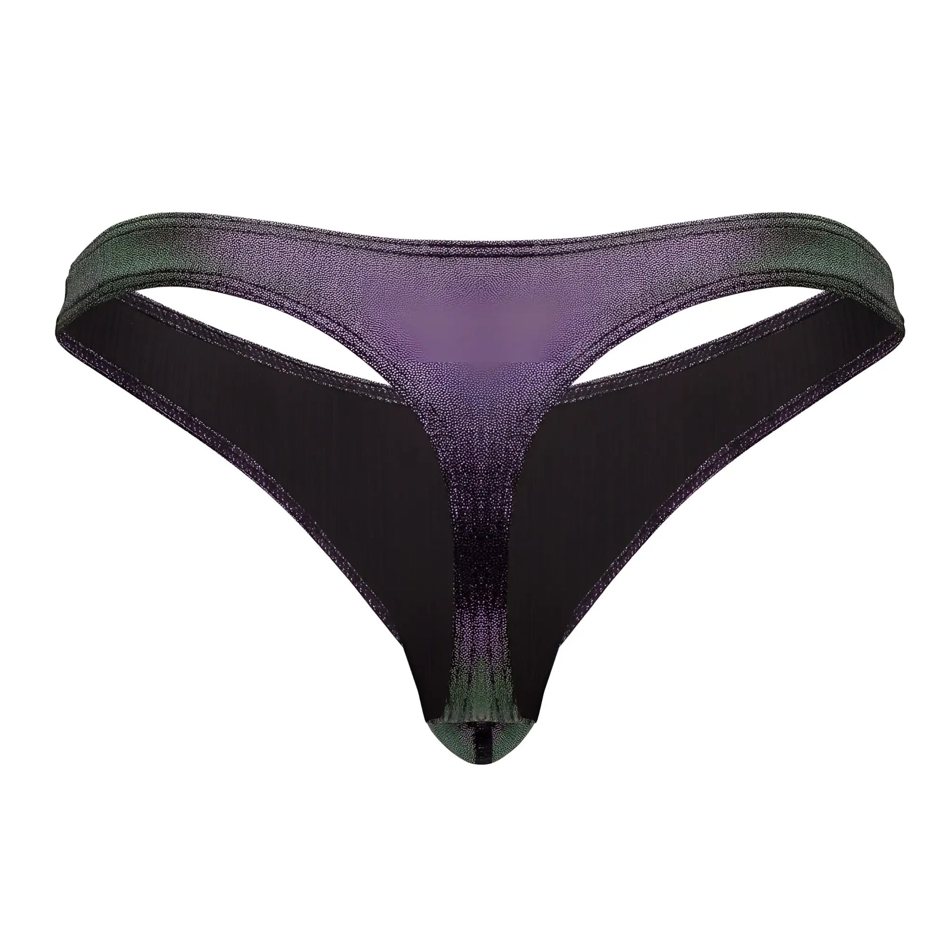 Male Power 443-277 Hocus Pocus uplift bong thong in purple and green shimmering glittery textured fabric