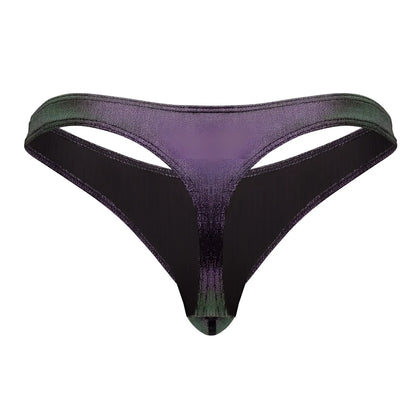 Male Power 443-277 Hocus Pocus uplift bong thong in purple and green shimmering glittery textured fabric
