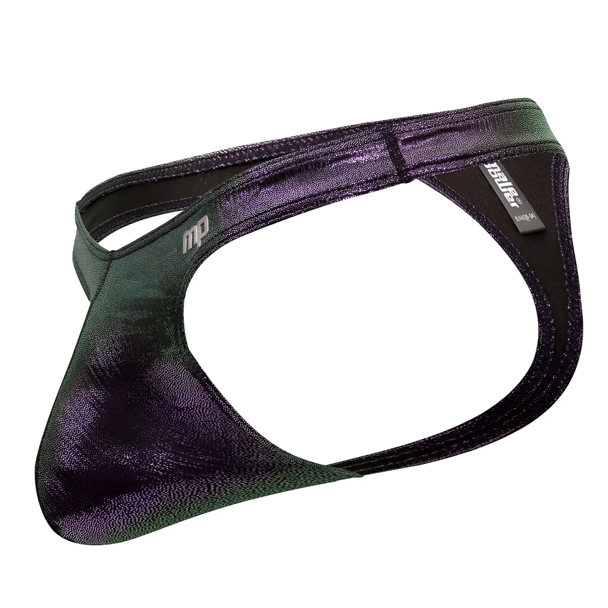 Shimmering iridescent green and purple metallic fabric briefs male power 443-277 hocus pocus uplift bong thong color purple