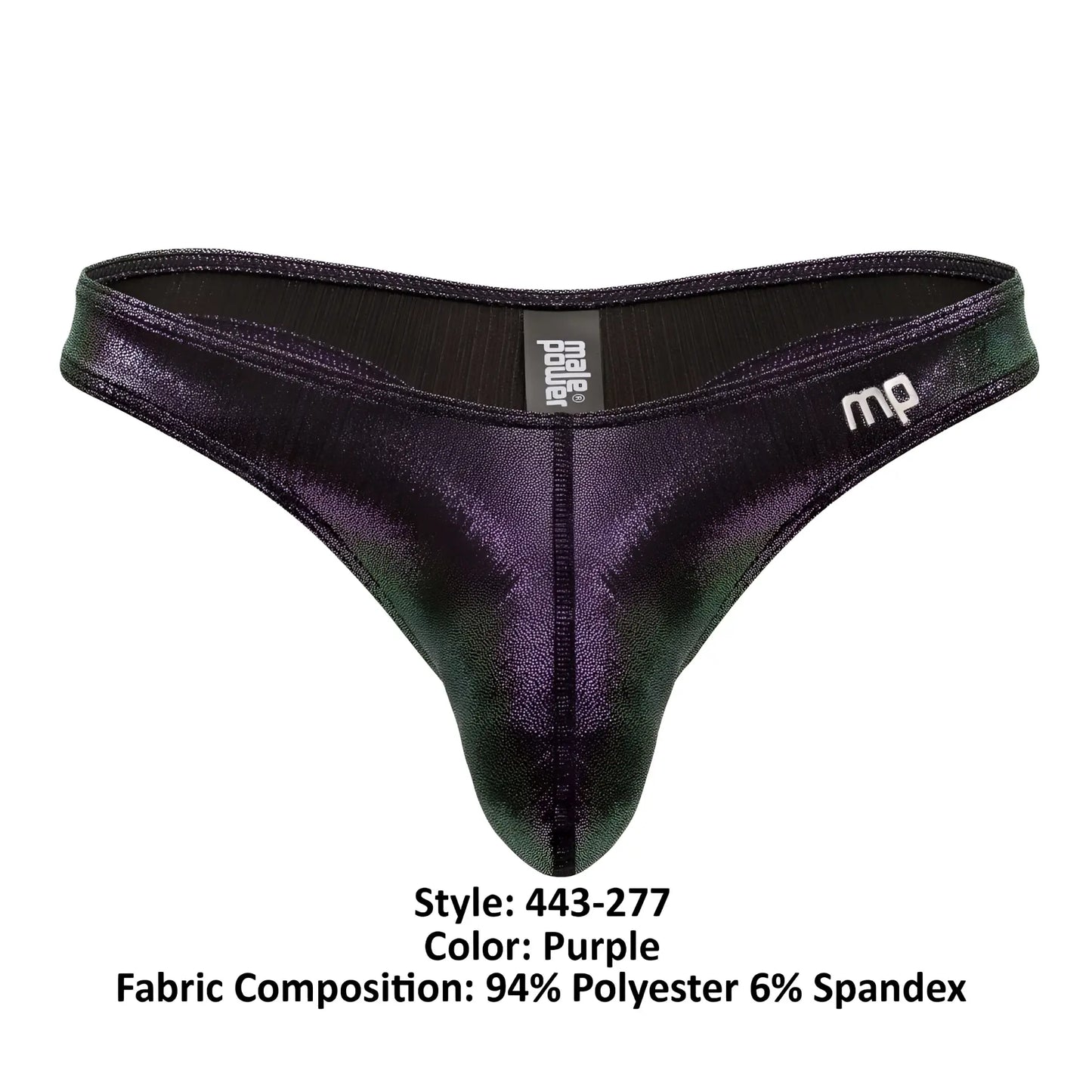 Male Power 443-277 Hocus Pocus uplift bong thong in purple metallic fabric with sleek shiny finish and subtle gradient effect