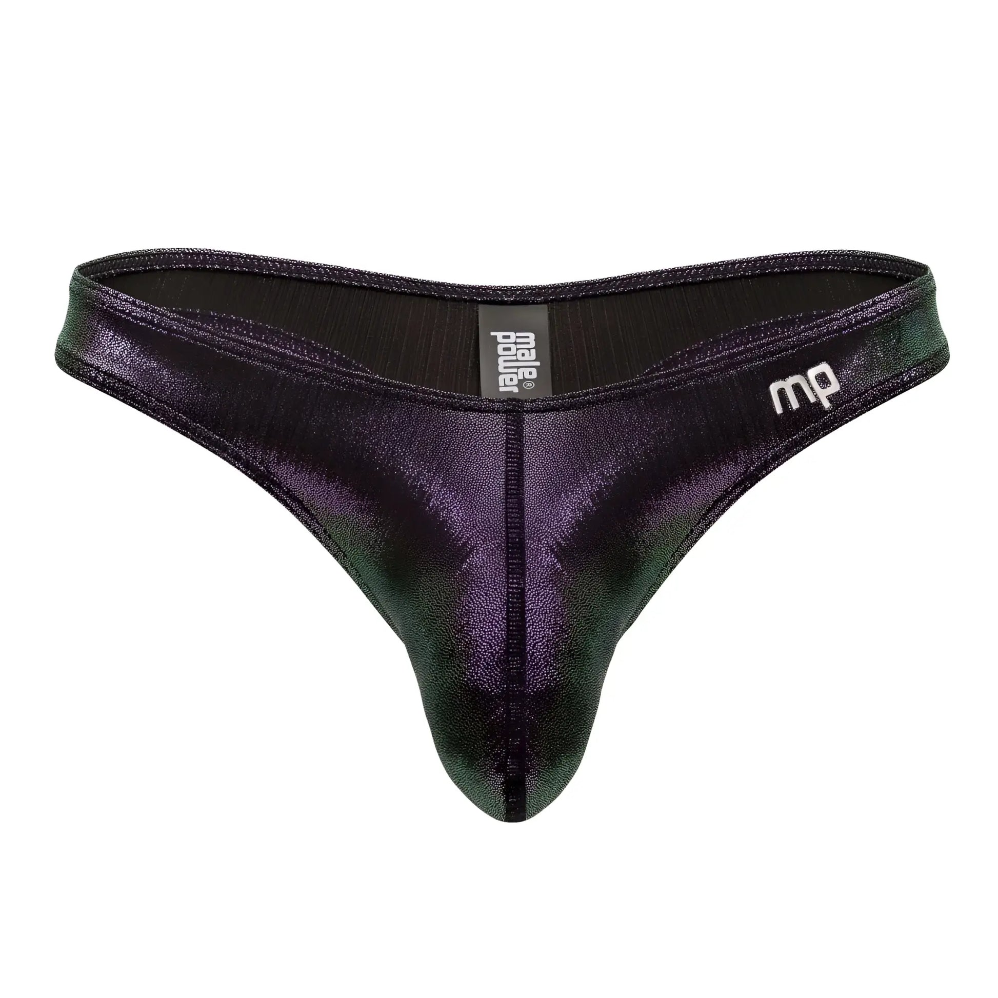 Shiny black and green iridescent male power 443-277 hocus pocus uplift bong men’s thong with prazer branding