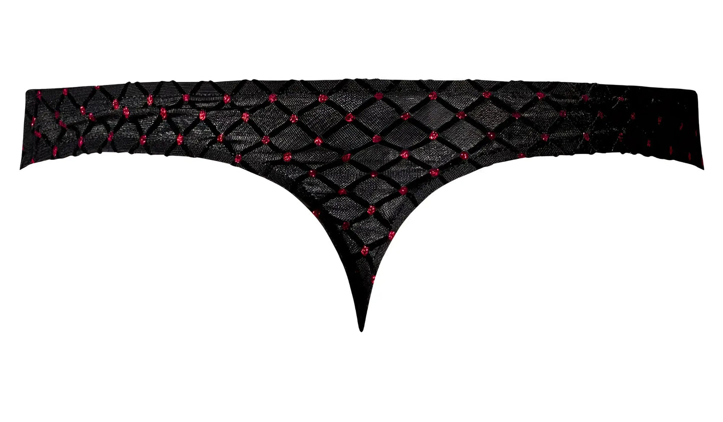 Male power 443-296 widow maker classic thong in black with diamond-patterned mesh and pink rhinestone accents