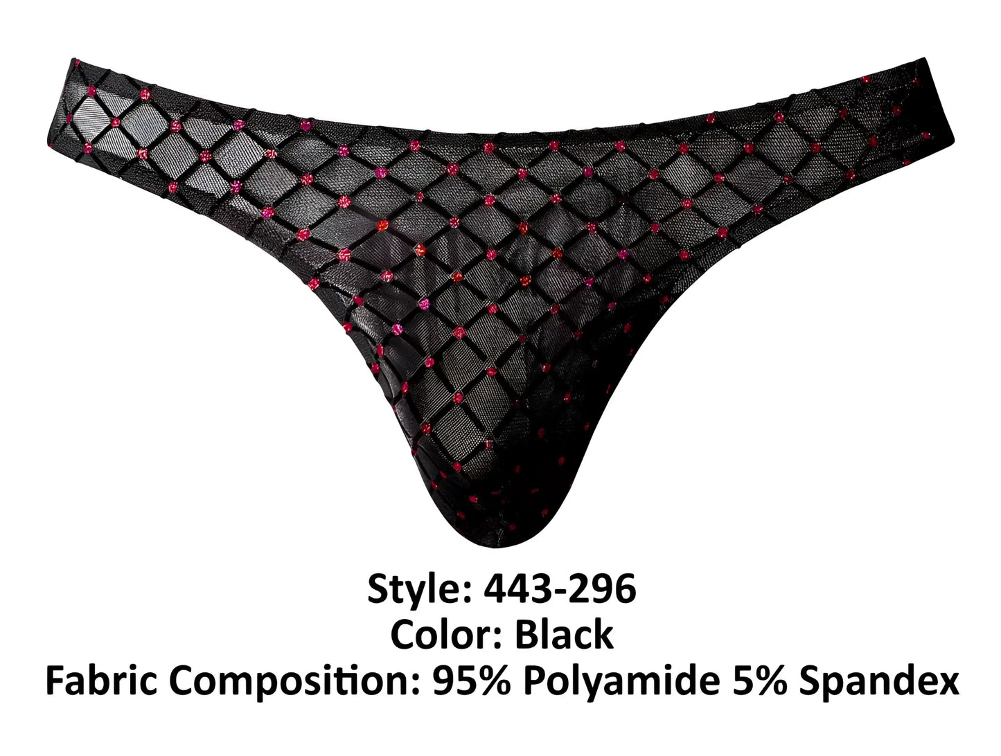 Black Male Power 443-296 Widow Maker classic thong with diamond-patterned mesh and pink rhinestone accents