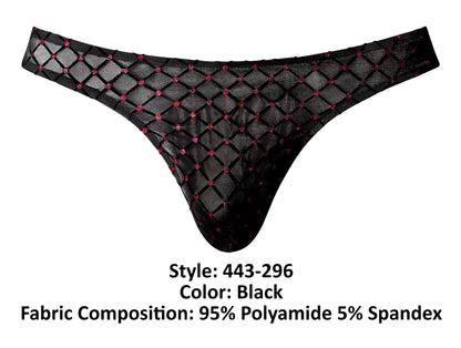 Black Male Power 443-296 Widow Maker classic thong with diamond-patterned mesh and pink rhinestone accents