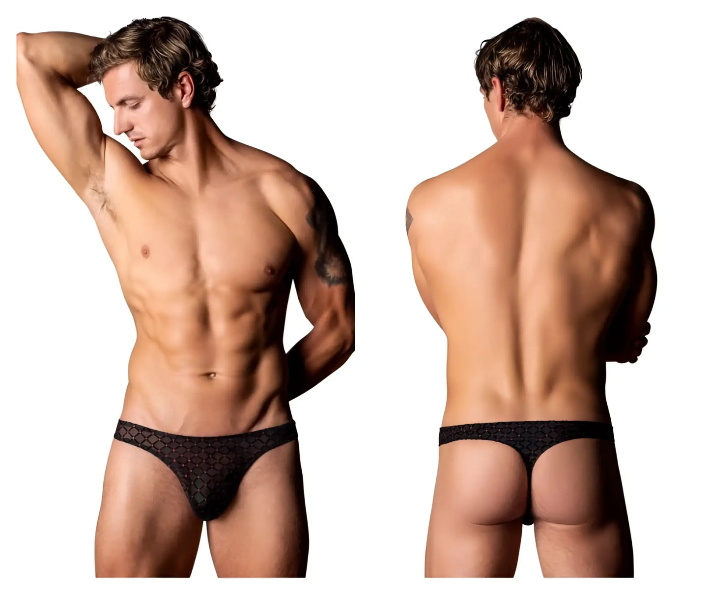 Black lace thong with subtle geometric pattern from male power 443-296 widow maker classic thong in black