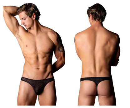 Black lace thong with subtle geometric pattern from male power 443-296 widow maker classic thong in black