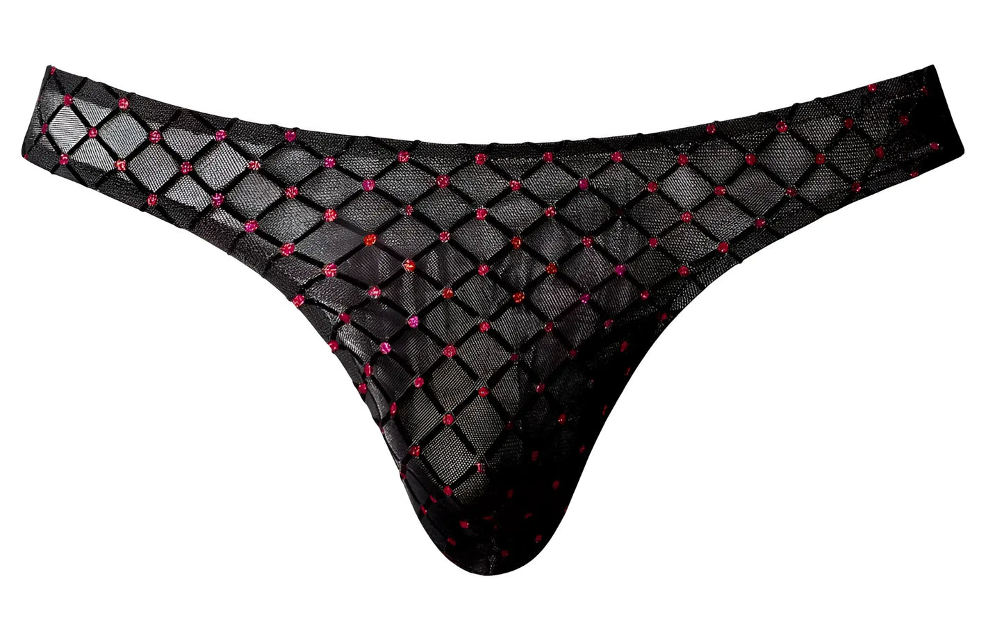 Male power 443-296 widow maker classic black sheer mesh thong with sparkling pink and red rhinestones in diamond pattern
