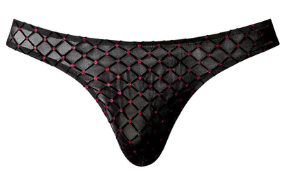 Male power 443-296 widow maker classic black sheer mesh thong with sparkling pink and red rhinestones in diamond pattern